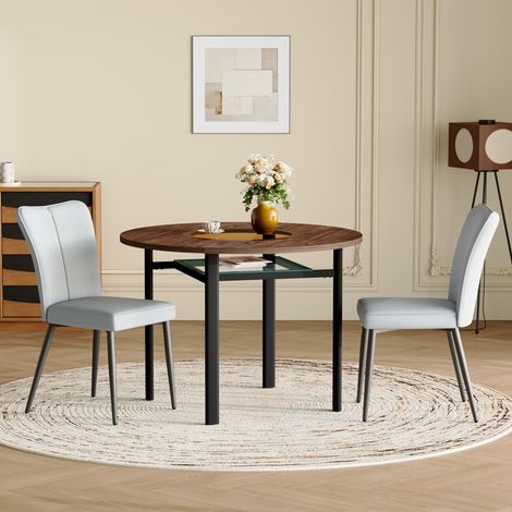 MEUBLIV Ensemble table à manger ronde 100 cm brun et gris clair – plateau verre, 2 chaises (1/5)