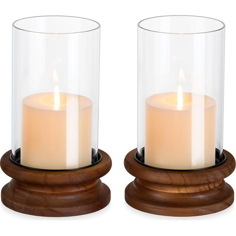 Deco en verre photophore salon : lot de 2 cylindres en verre vintage pour bougies avec fond en bois, grand bougeoir pour bohème, rustique, décoration de table nordique, Noël (1/5)