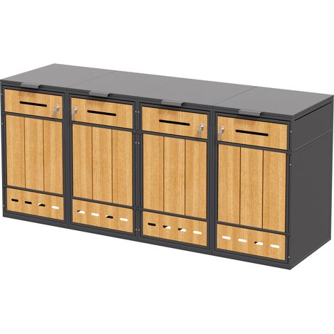 Armoire pour poubelles, compatible avec quatre poubelles de 120 à 240 litres, munie d'orifices d'aération, compartiments de tri des déchets, système de verrouillage et deux portes.