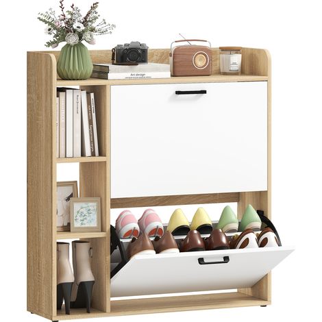 HOMCOM zapatero estrecho con 2 puertas 3 estantes laterales y estantes ajustables, para 15 pares de zapatos, 83x24x90,5 cm, natural y blanco (1/5)