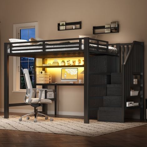 Lit mezzanine métal 140 x 200 cm avec bureau intégré, étagères et armoire, escalier avec rangement, optimisation d’espace, noir (1/5)