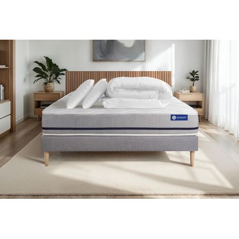 Pacchetto letto completo - Materasso 140x200cm + Box spring con doghe (in kit) + 2 cuscini + Piumino - Actimemo Soft
