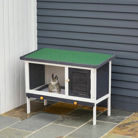 Cage Surélevée Extérieure Lapins Cobayes Petits Animaux Toit Asphalte Plateaux Pliants Porte Loquet Foncé Aménagement Bois Gris 90x45x65cm