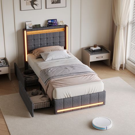 Lit 90x200 avec tiroirs,lit simple 90x200,lit enfant,lit adulte,lit 1 personne,avec sommier à lattes,LED,USB,tissu en lin,Gris (1/5)