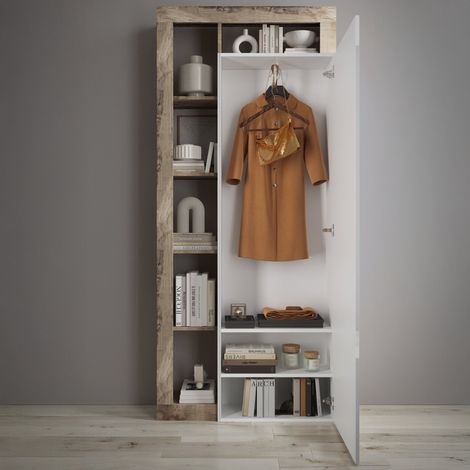 Garderobenmöbel Gonzaga, Spiegel inkl., 6 Paar Made in Italy, 6 Ablagen, 90,5x30x210h cm Apfelbaum Braun (1/5)