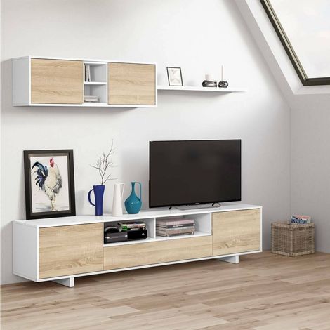 Dmora Pared equipada Hartford, Mueble de tv para salón, Composición del juego de sala, Juego de salón con mueble alto, cm 260x41h46, Blanco brillo y roble, con embalaje reforzado (1/5)
