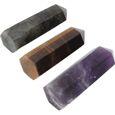 Pilier de cristal hexagonal naturel à une seule pointe, améthyste, œil de tigre et labradorite. (1/5)