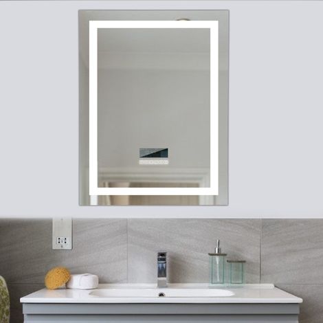 Aqrau Miroir de Salle de Bain LED 80x60cm, Miroir mural de salle de bain, avec deux haut-parleurs Bluetooth et Anti-buée, commande tactile éclairée à intensité variable