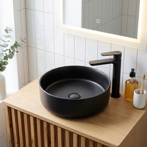 Swiss Aqua Technologies Mood 36x36 cm lavabo rotondo freestanding senza foro per rubinetto o troppopieno, nero opaco (SATM3636BKM) (1/5)