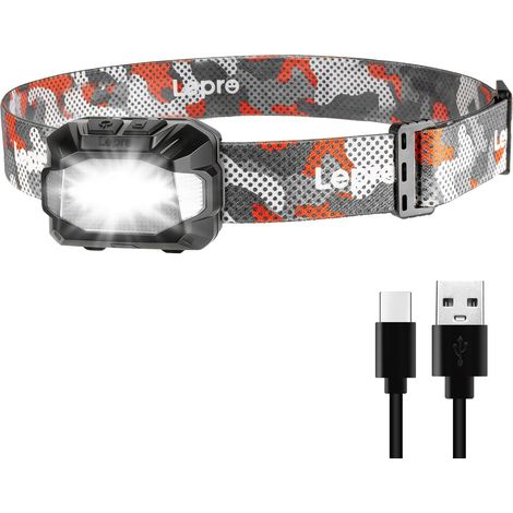 Lampe Frontale LED Rechargeable, 2000Lux Lumineux 10 Modes IPX4 Léger Torche Frontale LED Puissante USB C avec Voyant Rouge, Double Alimentation Rechargeable ou à Piles pour Course, Camping (1/5)