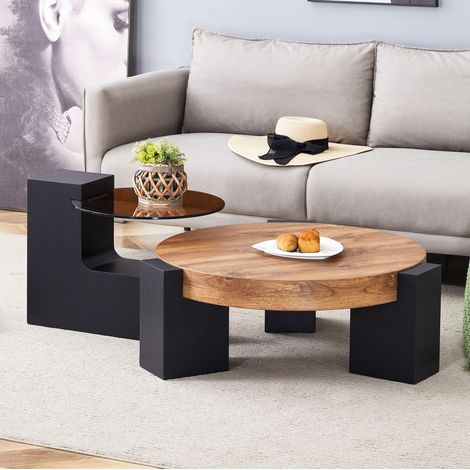 Table basse ronde 2 niveaux avec table d’appoint, verre transparent marron et MDF noir, HAVRYA (1/5)