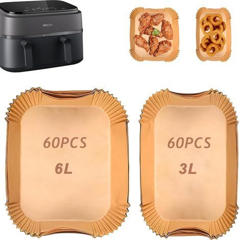 Applicable Papier Cuisson Air Fryer pour Philips Dual Basket Airfryer 9 Litres, Papier Sulfurisé pour Air Fryer Philips Airfryer Série 3000, Air Fryer papier Cuisson pour Philips NA350/00 6L/3L (60pcs (1/5)