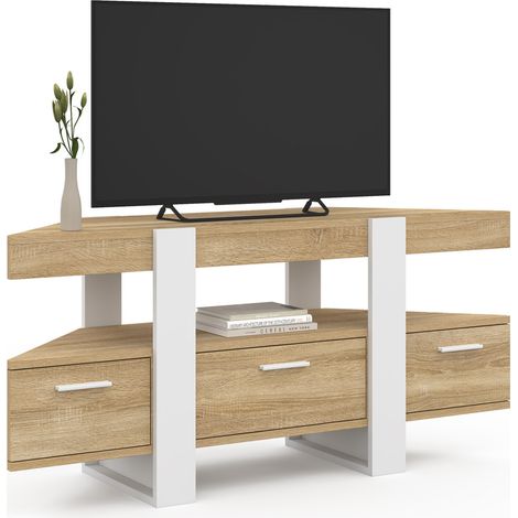 Mobile TV angolare PHOENIX 110 cm con cassetto in legno e bianco