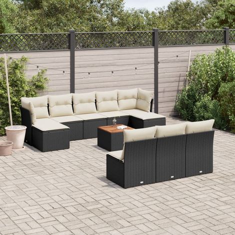 11-tlg. Garten-Sofagarnitur mit Kissen Schwarz Poly Rattan (1/3)