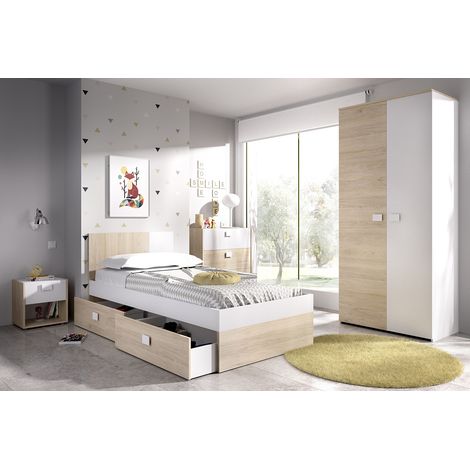 Pegane – Ensemble chambre à coucher complète – Lit adulte 190x90 cm avec 2 tiroirs – Table de chevet, armoire, commode en bois mélaminé blanc et chêne naturel (1/5)