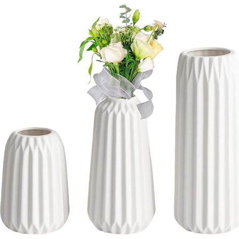 3 Pieces Vases Fleurs Céramique, Conteneur Fleur Decoration Maison, Récipient Style Moderne pour Herbe Pampas, Fleurs Séchées, Vase Decoratif Blanc pour Salon, Table, Bureau (Petit, Moyen, Grand) (1/5)