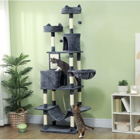 Katzenbaum 206 cm mit 2 Höhlen, 2 Bällen, Sisal, dunkelgrau (1/5)