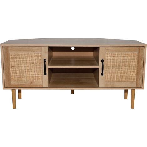 Concept-Usine – Meuble TV d'angle 115 cm – Effet cannage – 2 portes et 2 niches – Bois clair pour intérieur contemporain – Montage facile (1/5)
