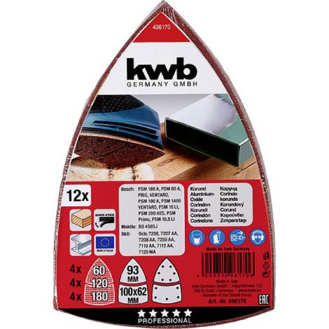 Kwb pack de 12 feuilles abrasives triangulaires 110x62-93 mm pour bois et me'tal pour ponceuse orbitale (1/3)