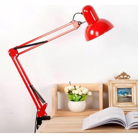 Lampe de bureau industrielle rouge, base solide avec pince, articulée, métal vintage, E27, chevet et bureau (1/5)