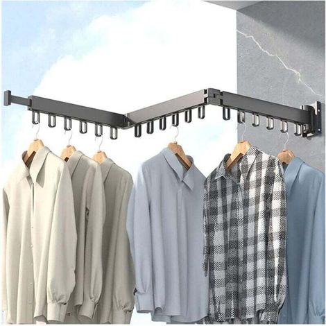 Porte-vêtements Étendoir à Linge Mural rétractable avec Crochets, Rotatif à 360 °, tri-Pliable pour Balcon, buanderie, Salle de Bain (Noir)