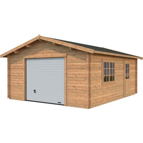 Garage en bois 23,9 m² – Porte sectionnelle – Structure en madriers 44 mm – Dimensions 450 × 550 cm – Pour stationnement sécurisé – Palmako (1/5)
