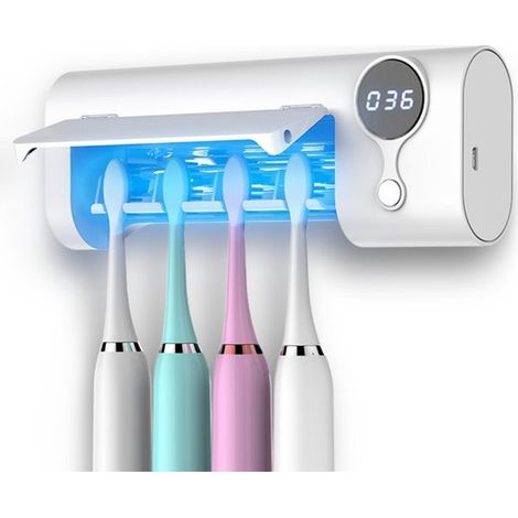 Soporte para cepillos de dientes con esterilización UV，Organizador para 4 cepillos de dientes，Temporizador y desinfección automáticos (1/5)