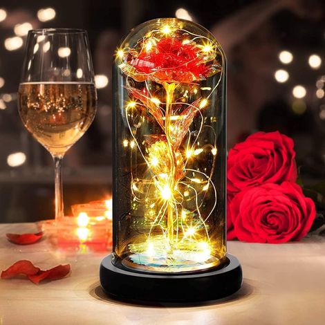 Rose Éternelle sous Verre, Idée Cadeau Féminin, Rose Enchantée dans Dôme Lumineux LED, Fleur Artificielle Romantique pour Fête, Offrir à sa Compagne, Mère ou Grand-Mère (1/5)
