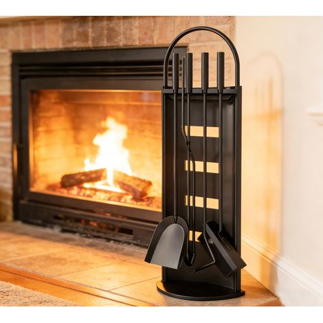 Lot de 5 outils de cheminée noirs de 66 cm de hauteur avec support, comprend pelle, tisonnier, brosse, pince, base stable de 22 x 16 cm, finition laquée noire mate (1/5)