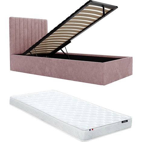 Letto con contenitore 90 x 190 cm con testata letto impunture verticali Tessuto Rosa + Materasso - SARAH