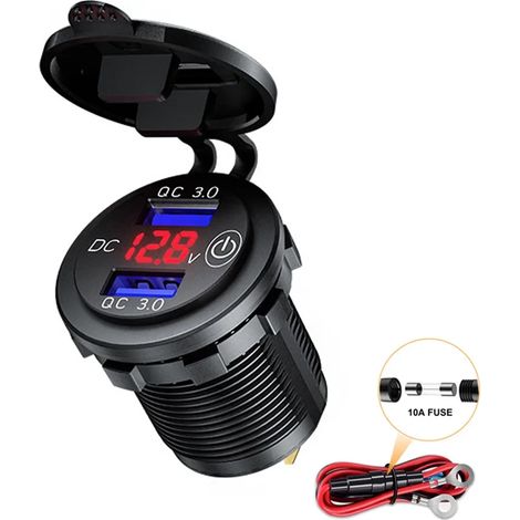 Chargeur universel étanche 36 W QC 3.0 avec double prise USB pour téléphone, tablette, appareil photo, GPS et DVR (réf. 02733)