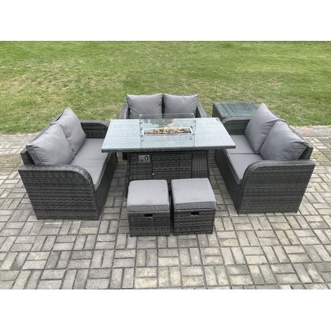 Fimous Rattan Outdoor Garden Furniture Sofa Set Gas Fire Pit Dining Table Gas Heater with Side Tables Love Sofa 2 Small Footstools Dark Grey Mixed (1/5)