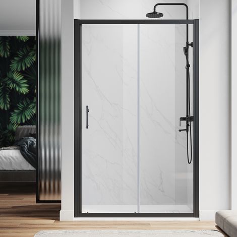 ELEGANT 1100mm Modern Sliding Shower Door Reversible Bathroom Shower Enclosure Cubicles Matt Black Frame 6mm Glass (1/5)