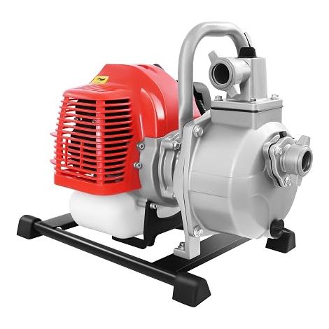 Pompe à eau à essence 1,7 CV avec raccord de 1", moteur 2 temps, pompe de jardin pour eaux usées avec pied en métal et poignée de transport pour l'irrigation, hauteur de refoulement maximale 30 m et (1/5)
