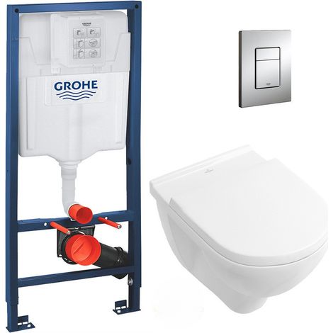 Pack WC Bâti-support + Cuvette à fond creux sans bride O.novo + abattant softclose + Plaque Chrome