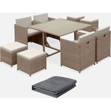 Mesa de jardín encastrable resina con 8 sillones + cobertor