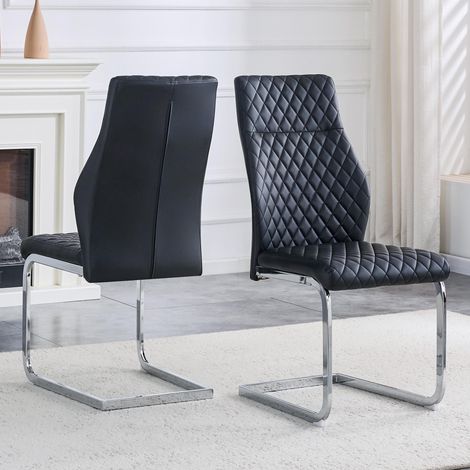 [Lot de 2] Chaises de salle à manger à motif diamant noir : dossier haut + coussin d’assise confortable, structure en métal argenté, antidérapantes et durables, adaptées aux restaurants, etc. (1/5)