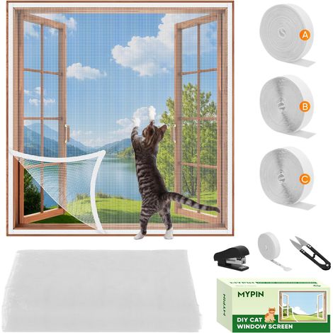 1 Moustiquaire Fenêtre Chat, 130x150cm, Maille Renforcée, Bande Auto-adhésive, Outils Inclus, Intérieur