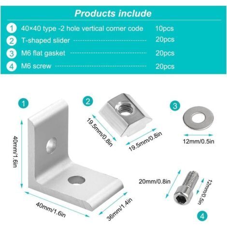 Lot de 10 pièces 90 Degrés Équerre de Fixation Metal, 40 x 40mm Supports d'Angle en Acier Inoxydable, Entretoises de Grille Profilé en Aluminium avec 20 pièces Vis, pour Réparation de Meubles (4040)