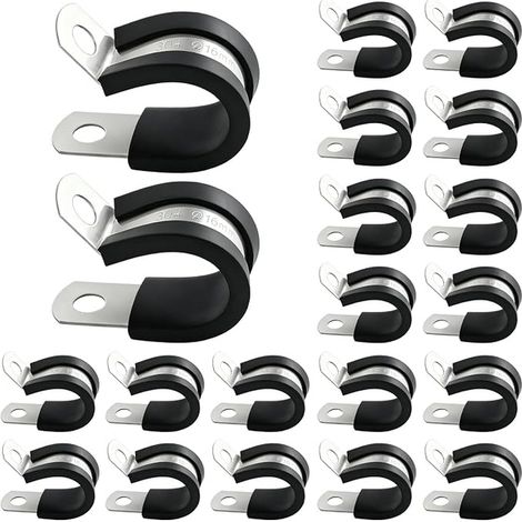 Stainless Steel P Clamps, 25 mm Pipe Fixing Clamp with Rubber Insert, P-Clips Cable 2 Holes Fixing for Pipes and Cables (16 mm) (1/4)