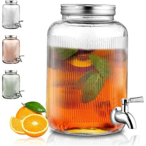 distributeur boisson en verre, réfrigérateur 4L avec robinet étanche en acier inoxydable, distributeur de jus barbecue, pique-, fête à la piscine et événement social (transparent) (1/4)