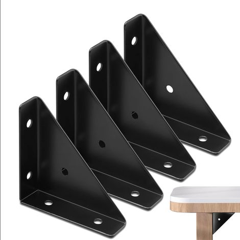 Juego de cuatro escuadras de esquina, escuadras de esquina negras, escuadras de esquina metálicas, escuadras de esquina triangulares, escuadras de esquina de madera de 66 mm x 66 mm. (1/4)