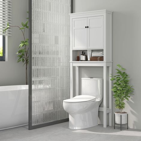 Rangement Meuble WC dessus de toilette machine à laver salle de bain placard 2 portes étagères réglables - blanc