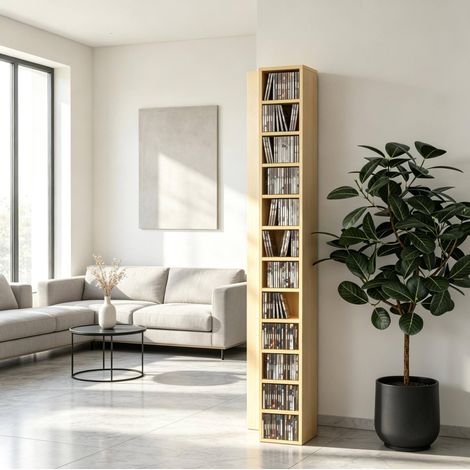 Mobile porta CD 21x20x175 cm, design salvaspazio per angoli, 204 CD, MDF e truciolare, legno naturale (1/5)