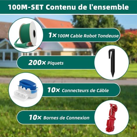 HAUSPROFI Cavo per robot tagliaerba da 100 m + 200 picchetti + 10 connettori + 10 terminali di collegamento, cavo per robot tagliaerba, compatibile con robot tagliaerba Worx, Gardena, Bosch, Yard Forc (1/4)