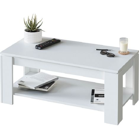 Mobimarket – Table basse relevable blanche 43x102x50 cm – Mélamine haute résistance – Système d'élévation simple – Rangement intégré (1/3)