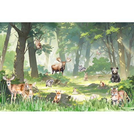 Kinderfototapete Waldlichtung und Tiere Fuchs Waschbär Eule M137 300x200 (1/5)
