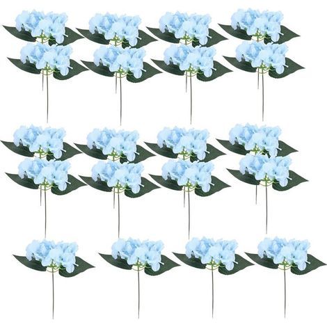Ensemble de têtes de fleurs d'hortensia en rayonne bleu clair (20 fleurs), avec tiges, convenant aux mariages. (1/2)