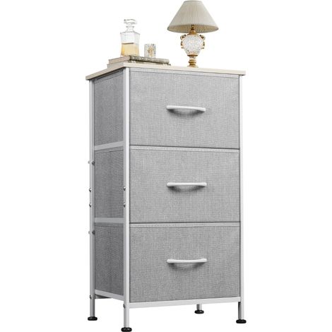 Commode WLIVE 3 tiroirs en tissu pour chambre et salon avec cadre en acier stable et plateau en bois gris clair design moderne (1/5)