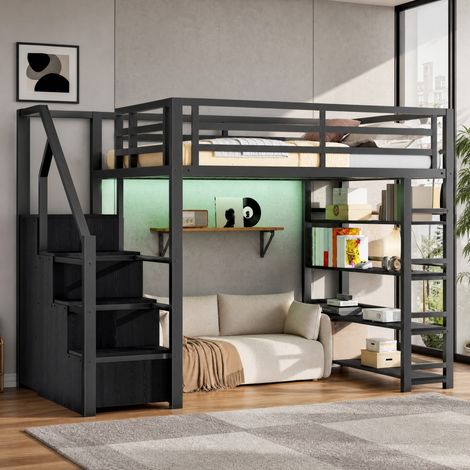 Hochbett 140x200 cm Schwarz aus MDF und Metall mit Stauraumtreppe, Kleiderschrank und LED-Beleuchtung (1/5)